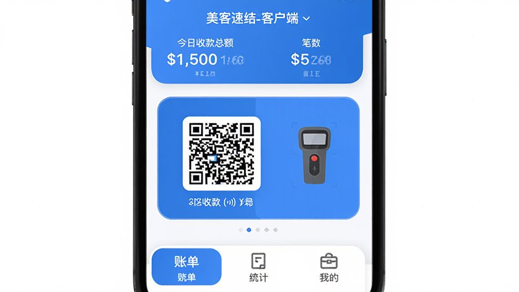美客速结-客户端 手机收款工具 主界面 蓝色主色调 顶部显示今日收款总额和笔数 中间是收款二维码和扫码枪图标 底部为账单 统计 我的三个选项卡 布局清晰 现代扁平风格 圆角图标 画质干净 无多余元素