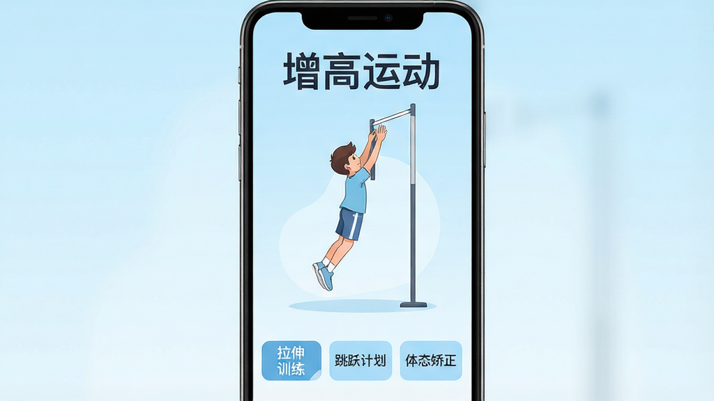 一张手机屏幕展示增高运动App主界面的图片,顶部显示“增高运动”四个大字,中间是青少年正在做摸高跳跃动作的插画,下方排列着“拉伸训练”“跳跃计划”“体态矫正”三个功能按钮,背景是淡蓝色渐变,整体风格清爽干净,画质清晰,无多余元素