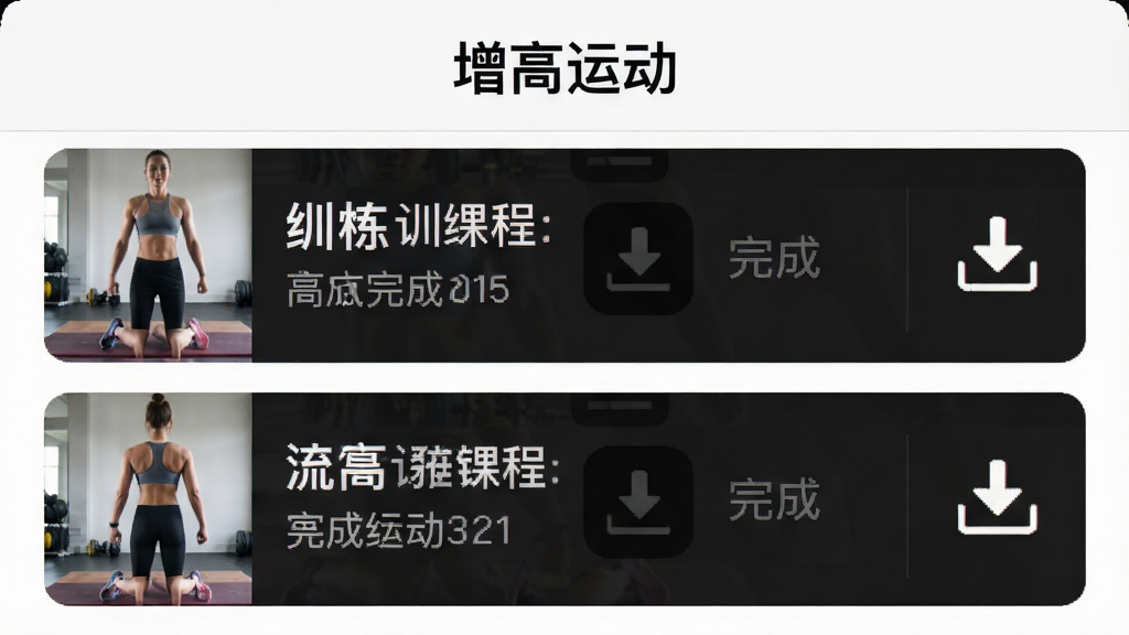 增高运动App离线缓存管理界面,列表中有多个已缓存的训练课程,每个课程右侧显示下载完成图标,顶部有“增高运动”标题,背景白色,风格简洁,画质干净