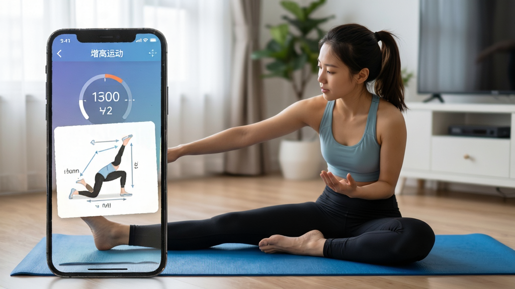 增高运动App训练界面手机截图,画面中一位年轻人在瑜伽垫上做拉伸动作,手机屏幕显示“增高运动”App的计时器和动作示意图,背景是居家环境,风格真实自然,画质清晰