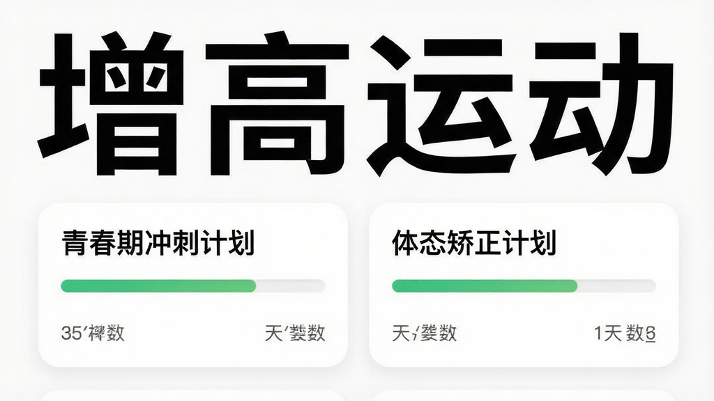 增高运动App内训练计划页面截图,画面中“增高运动”标题醒目,下方显示“青春期冲刺计划”和“体态矫正计划”两个卡片,卡片上有进度条和天数标记,背景白色,风格简洁现代,画质干净