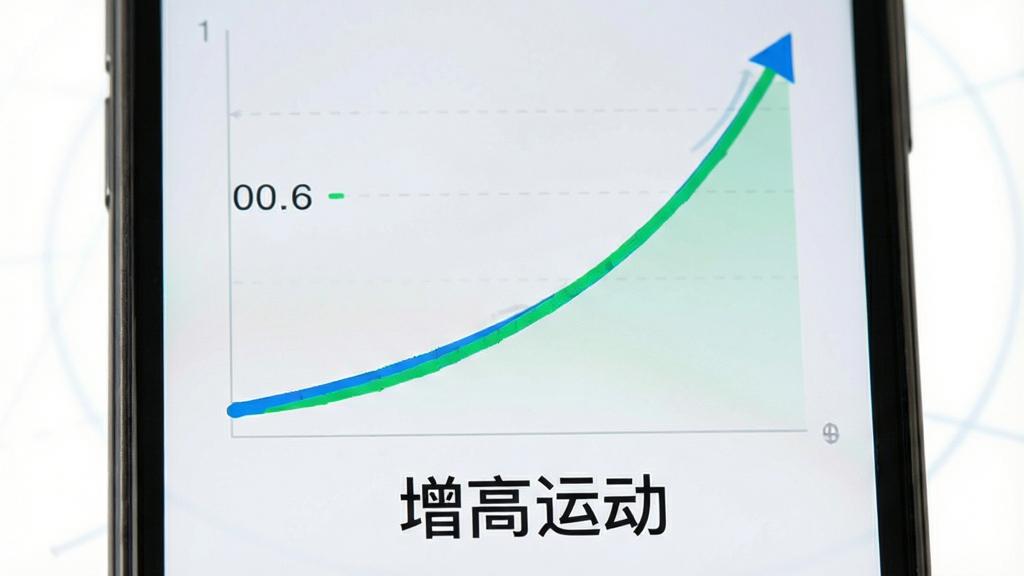 增高运动App身高记录页面,屏幕上显示一条向上增长的身高趋势曲线,曲线下方有“增高运动”字样,背景浅灰色,图表颜色为蓝色和绿色,风格数据可视化,画质清晰无杂乱元素