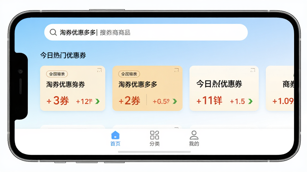 淘券优惠多多 手机应用主界面展示,顶部搜索栏输入商品关键词,中间是今日热门优惠券卡片横向排列,底部导航栏为首页、分类、我的三个图标,背景为浅蓝到白色的渐变,风格清爽简约,画质干净无多余元素