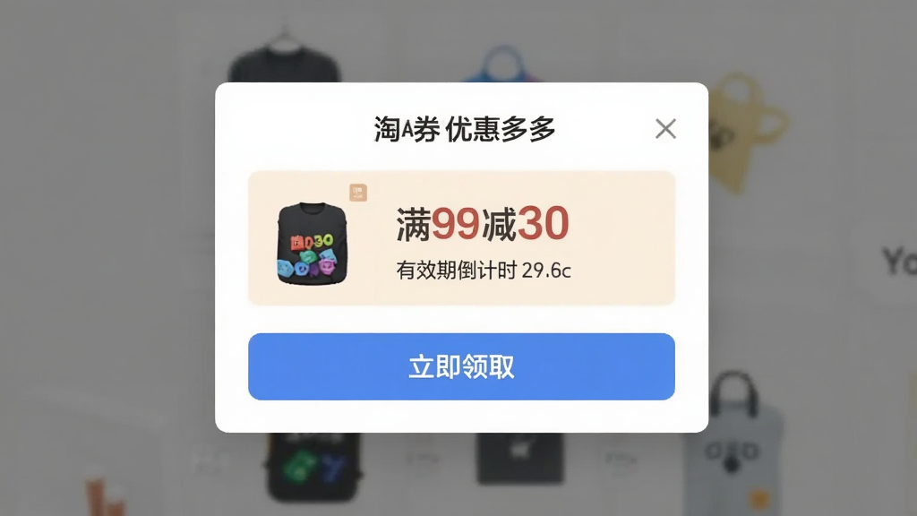 淘券优惠多多 优惠券领取弹窗界面,弹窗内显示商品缩略图、优惠券面额“满99减30”、有效期倒计时、立即领取按钮,背景为半透明遮罩,风格扁平化,细节清晰,画质干净