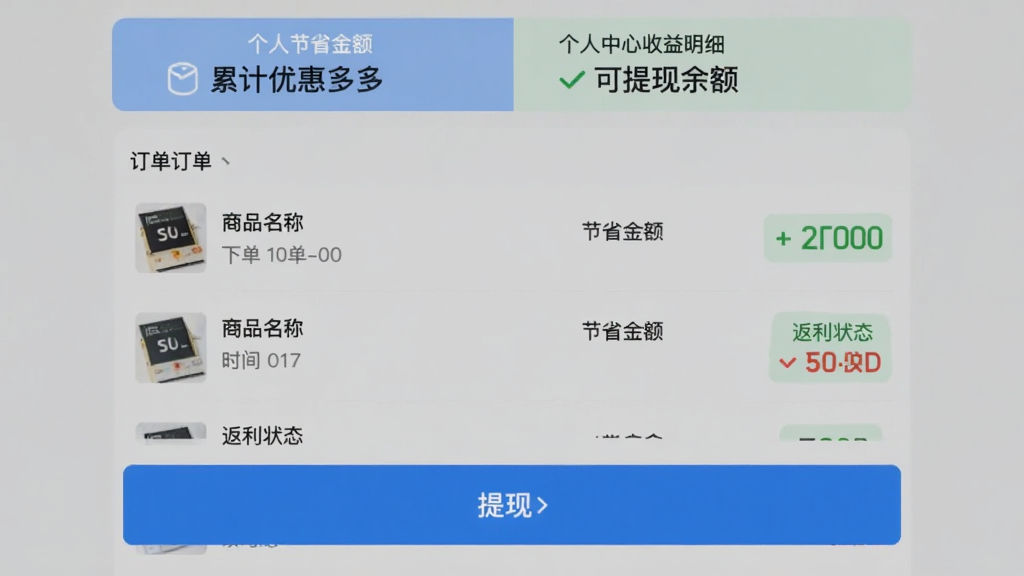 淘券优惠多多 个人中心收益明细页面,顶部显示累计节省金额和可提现余额,中间是订单列表,每笔订单标注商品名称、下单时间、节省金额、返利状态,底部提现按钮醒目,风格清晰,画质干净无杂乱元素