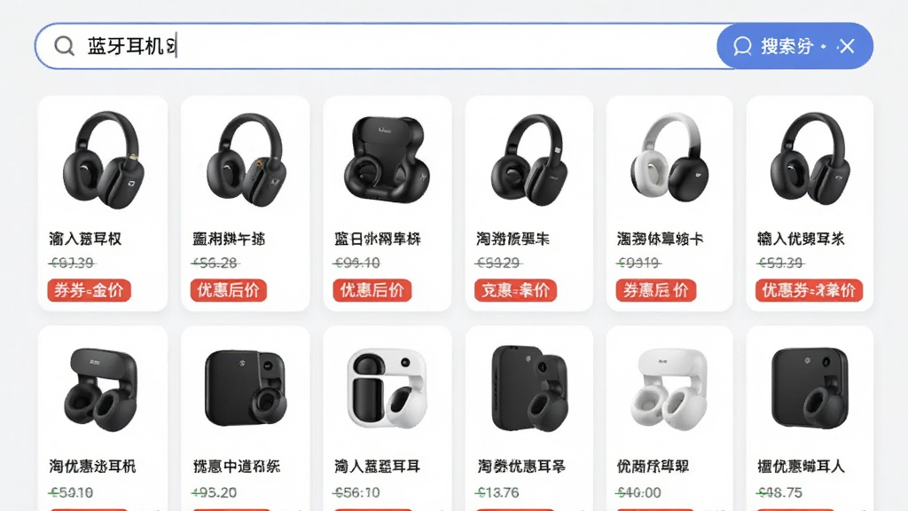 淘券优惠多多 搜索界面展示,搜索框输入“蓝牙耳机”,下方列表展示多款商品卡片,每张卡片有商品图、标题、原价划线、券后价红色高亮、优惠券金额标签,布局整齐,风格简洁现代,画质干净