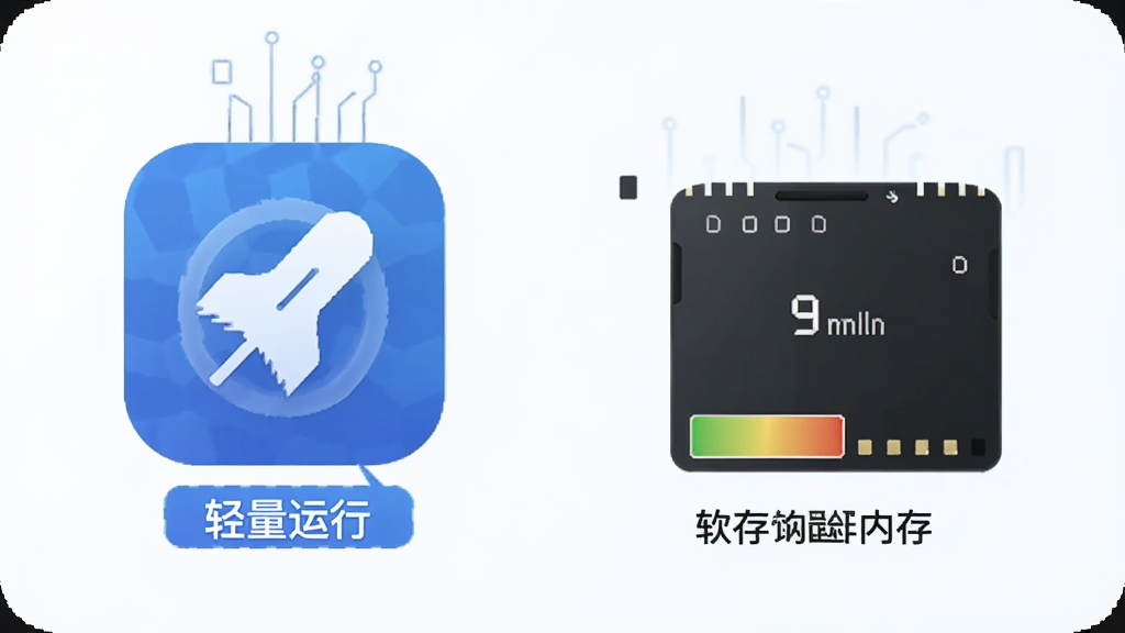 淘券优惠多多 软件运行内存占用对比示意图,左侧展示软件图标和“轻量运行”标签,右侧展示手机内存条占用比例极低,背景为纯色,风格简洁科技感,画质干净