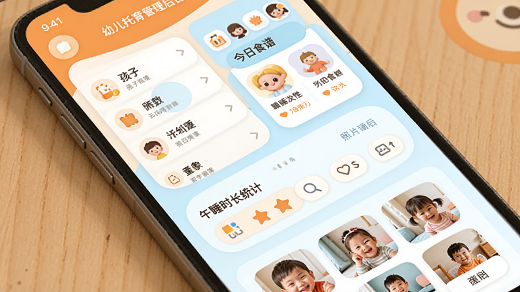 ���и���ʦApp�������չʾ���ֻ���Ļ����ʾ�׶�����������̨����������ǩ���б�������ʳ�׿�Ƭ����˯ʱ��ͳ�ƺ���Ƭǽ����������ů�ĳ�ɫ��ǳ��ɫΪ��������������ͼ��Բ���ִ���ƽ����Ʒ�񣬸ɾ��޶���Ԫ�أ�����ϸ��