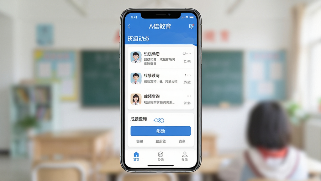 һ��չʾ�ֻ���Ļ�Ļ��棬��Ļ������A�ѽ���Ӧ�õ������棬��ʾ�༶��̬�б��ͳɼ���ѯ��ڣ���������ɫ�Ͱ�ɫΪ����������ѧУ���ƣ��ײ�������������ǩ������������ˬ�������黯���������ʸ��壬�ɾ����޶���Ԫ��
