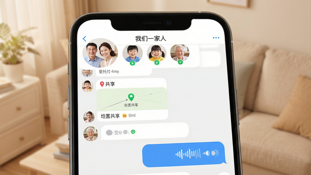 一张展示“爱托付”多成员家庭群组功能的图片,画面中是一个手机聊天界面,顶部显示“我们一家人”群组名称,成员头像包括爸爸、妈妈、孩子和老人,聊天记录里有位置共享卡片和语音消息气泡,整体风格温馨、清晰,画质干净。