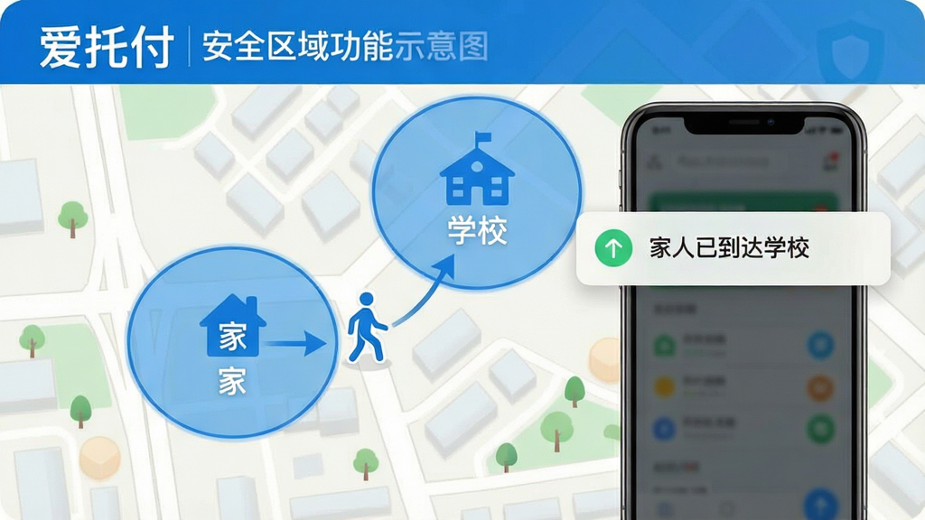一张展示“爱托付”安全区域功能的示意图,画面中是一张城市地图,地图上用蓝色圆圈标出了“家”和“学校”两个区域,一个小人图标正从家的位置移动向学校,旁边有一个手机通知弹窗写着“家人已到达学校”。风格简洁现代,色彩清晰,画质干净。