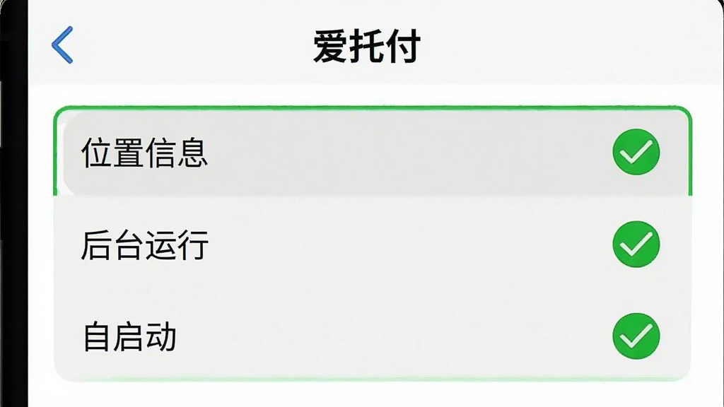 一张手机屏幕截图风格的图片,展示“爱托付”应用的权限设置页面,页面上高亮显示了“位置信息”、“后台运行”和“自启动”三个选项,旁边有一个绿色的勾选标记,界面风格简洁,文字清晰,画质干净。