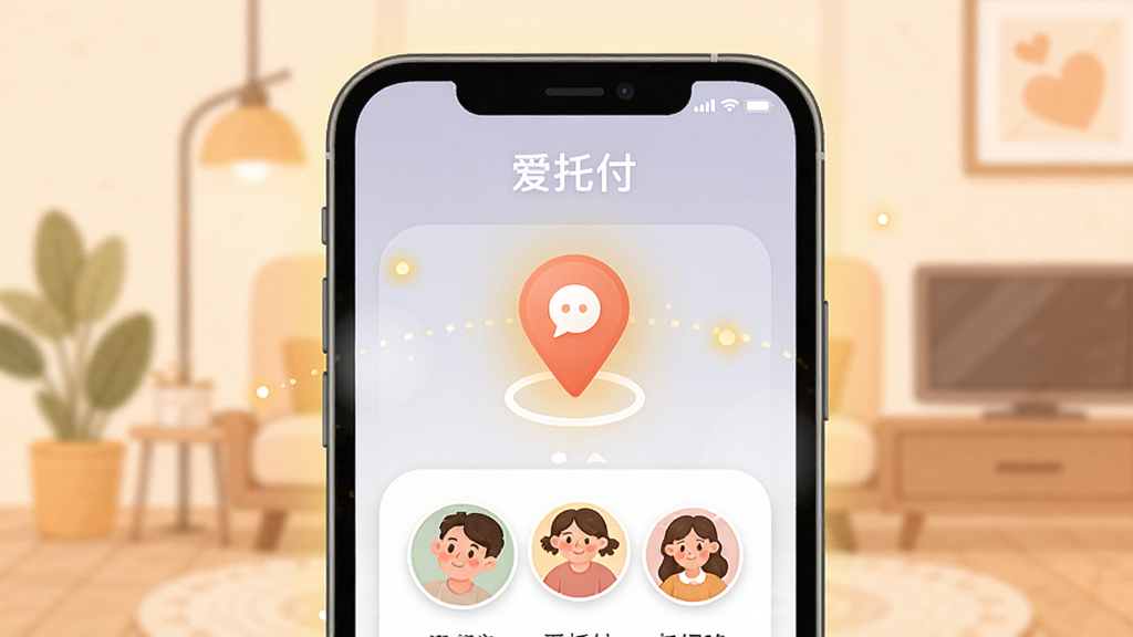 一张温馨的家庭守护主题插画,画面中央是手机屏幕显示“爱托付”应用界面,屏幕上有一个清晰的定位图标和家人的头像,周围环绕着代表安全与关爱的柔和光晕。背景是简约的居家环境,色调温暖,风格扁平化,画质干净,无多余元素。
