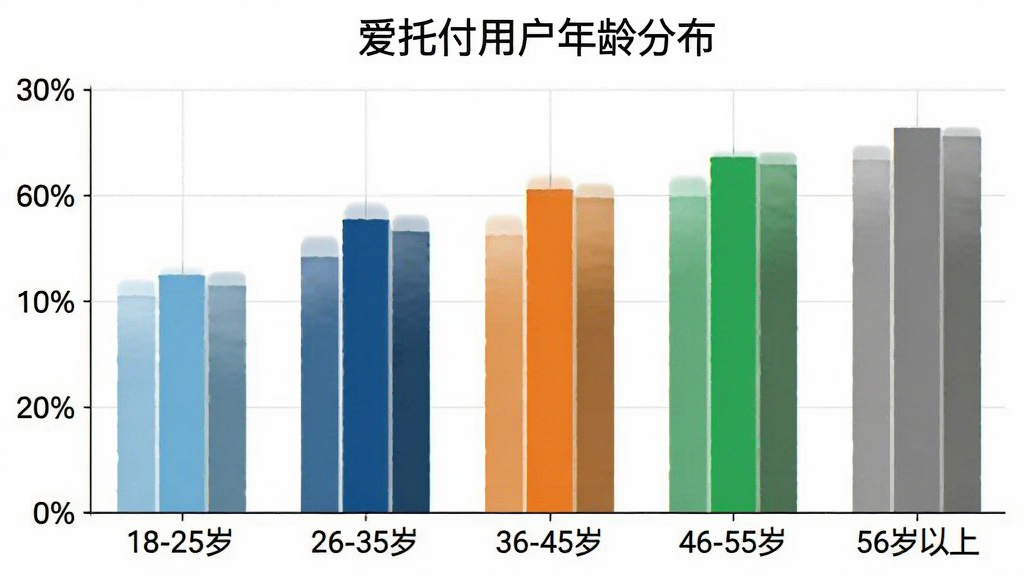 一张柱状图,标题为“爱托付用户年龄分布”,横轴是年龄段“18-25岁”、“26-35岁”、“36-45岁”、“46-55岁”、“56岁以上”,纵轴是用户占比百分比,柱状图颜色分别为浅蓝、深蓝、橙色、绿色、灰色,图表风格简洁清晰,数据一目了然,画质干净。