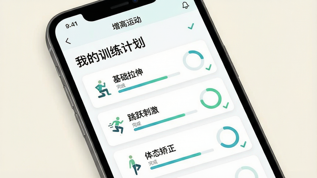 һ��չʾ�������˶���APPѵ���ƻ�ҳ���ͼƬ���������ֻ���Ļ����Ļ����ʾ�������˶���APP��ѵ���ƻ����棬�����Ϸ��ǡ��ҵ�ѵ���ƻ������֣��м��Ƿֽ׶εĿ�Ƭ�б��硰�������족����Ծ�̼�������̬��������ÿ����Ƭ����Сͼ�����ɽ��ȣ��Ű����룬��������˶��磬ϸ�ڰ�����ѡ��Ǻͽ��Ȼ������ʸɾ��޶���Ԫ�أ�����Ϊǳɫ��