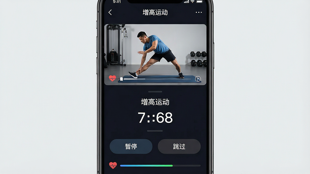 һ��չʾ�������˶���APPѵ�������ͼƬ���������ֻ���Ļ����Ļ����ʾ�������˶���APP��ѵ�������н��棬�����Ϸ�����Ƶ����������ʾ���������춯�����м��Ƕ������ƺ͵���ʱ���·��ǡ���ͣ���͡���������ť���Ű����ʽ������˶��Ƽ��У�ϸ�ڰ�������ͼ��ͽ����������ʸɾ��޶���Ԫ�أ�����Ϊ��ɫ��