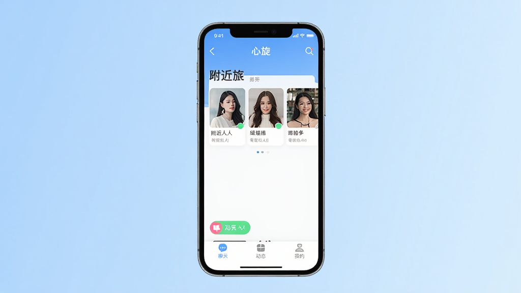 ������������������չʾ�������������ֻ���Ļ����Ļ����ʾ����App����ҳ�������и������˿�Ƭ�б����ײ������졢��̬���ҵ�����������ť��������ǳ��ɫ���䣬������¼�࣬���ʸɾ����޶���Ԫ��