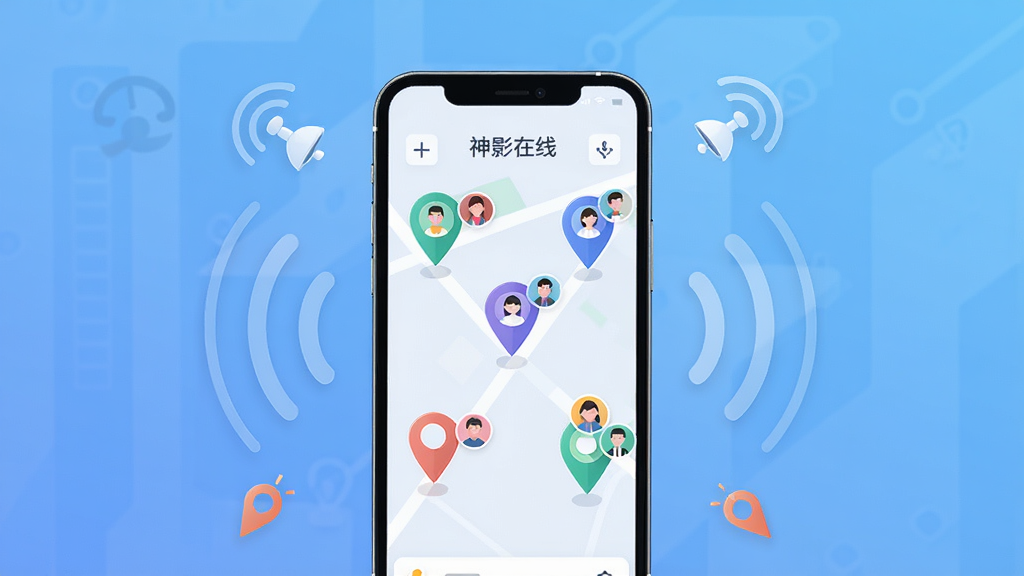 软件核心全貌展示图,画面中央放置一部智能手机,手机屏幕上显示着一幅简洁的地图界面,地图上有几个不同颜色的定位标记点,标记点旁边有小的头像图标,手机周围环绕着卫星信号波纹和定位图标,背景是柔和的科技蓝渐变,风格现代扁平,细节清晰,画质干净,无多余元素,画面中带文字“神影在线”