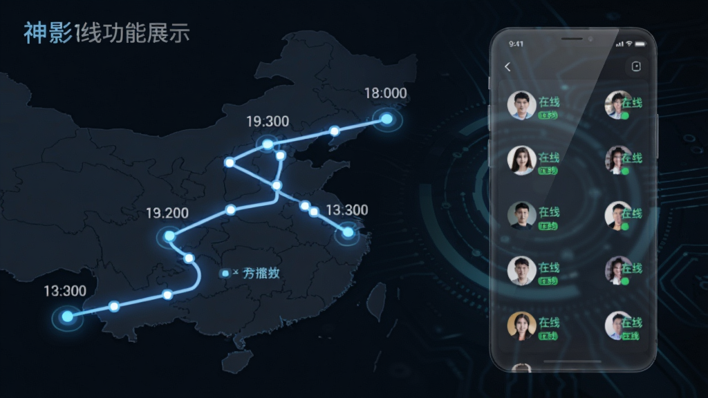 神影在线功能展示图,画面左侧是一张带有时间轴和路径线条的地图,线条从起点延伸到终点,沿途有多个时间戳标记,画面右侧是一个半透明的手机界面,上面显示着多个用户头像和“在线”状态标签,背景是深色科技风格,地图线条发出微光,整体布局清晰,画质干净,无多余元素