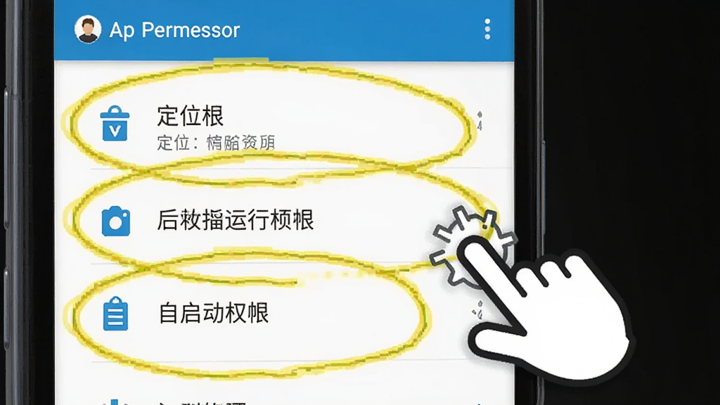 手机权限设置操作示意图,画面中是一部安卓手机,屏幕上显示着应用权限管理界面,定位权限、后台运行权限、自启动权限三个选项被高亮圈出,旁边有手指点击的图标,界面风格清晰简洁,画质干净,无多余元素