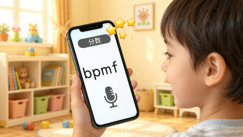 一张展示学拼音打字软件跟读打分功能的图片,画面中一个小朋友拿着手机正在读拼音,手机屏幕上显示着拼音字母「b p m f」和麦克风图标,屏幕上方有分数显示和星星奖励动画,背景是温馨的儿童书房环境,风格明亮活泼,画质干净清晰、无多余元素