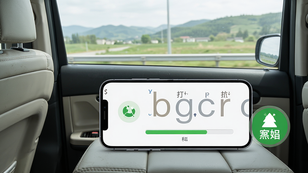 一张展示学拼音打字软件离线学习功能的图片,画面中一部手机放置在汽车后排座椅上,屏幕显示学拼音打字的离线课程界面,有拼音字母和练习进度条,旁边有一个绿色的离线图标,背景是窗外移动的风景,风格简约清晰,画质干净、无多余元素