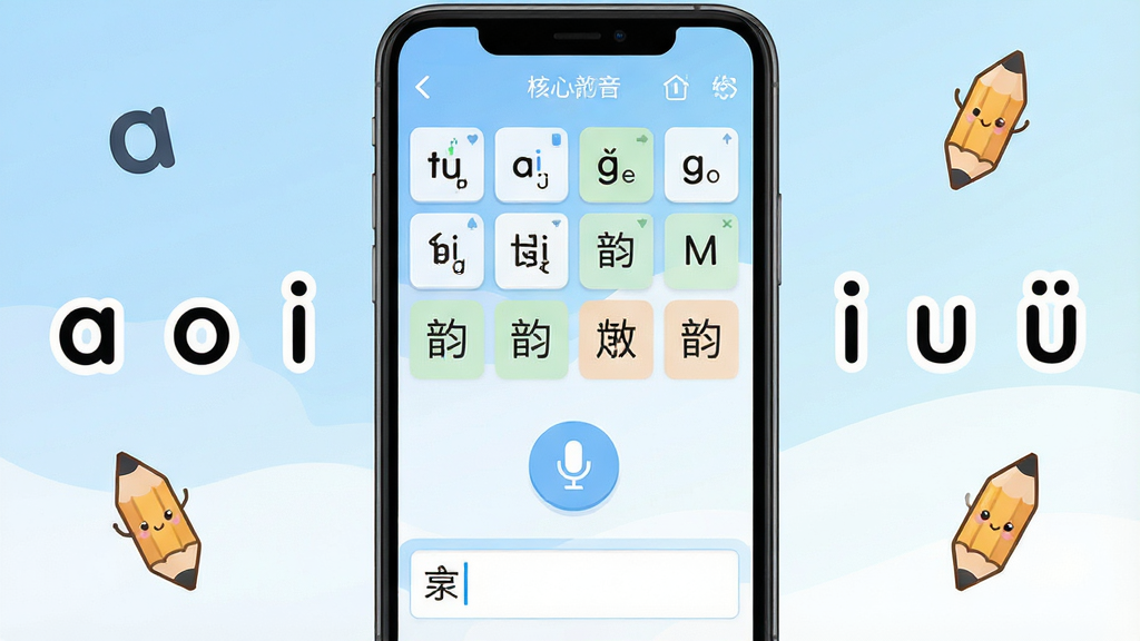 一张展示学拼音打字软件核心全貌的图片,画面中央是一部手机屏幕显示着学拼音打字应用的主界面,界面中包含拼音字母卡片、声母韵母分区、跟读麦克风按钮和打字练习输入框,背景是柔和的蓝白渐变色,周围环绕着拼音字母「a o e i u ü」和卡通小铅笔图标,整体风格清新可爱、扁平化设计,画质干净清晰、无多余元素