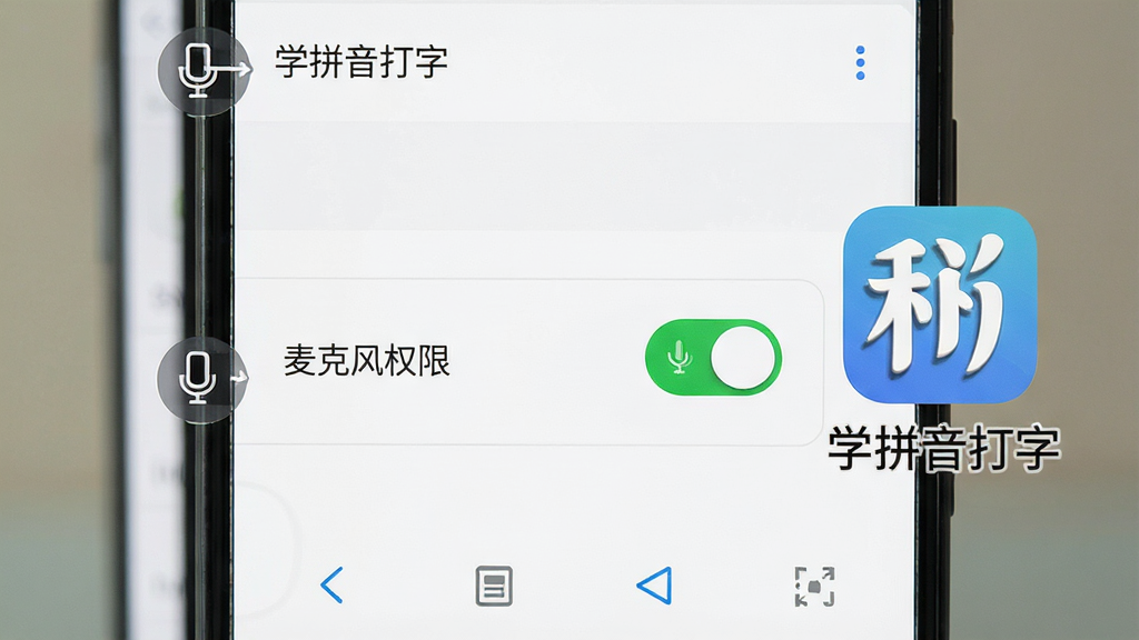一张展示学拼音打字软件安装设置步骤的图片,画面中一部安卓手机显示着权限设置界面,屏幕上突出显示「麦克风权限」已开启的绿色开关,旁边有「学拼音打字」的应用图标和文字标注,背景是简洁的手机设置界面,风格清晰直观,画质干净、无多余元素