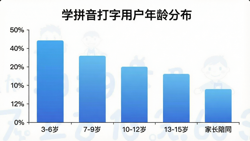 一张展示学拼音打字软件用户年龄分布的柱状图,横轴标注年龄段「3-6岁」「7-9岁」「10-12岁」「13-15岁」「家长陪同」,纵轴标注人数占比百分比,柱状图颜色为蓝色渐变,图表上方有标题「学拼音打字用户年龄分布」,背景白色简洁,画质干净清晰、无多余元素