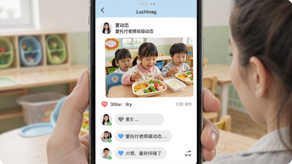 爱托付老师班级动态页面,手机屏幕显示老师正在发布带照片的动态,照片中是幼儿园小朋友在吃午餐,下方有家长点赞和评论的互动区域,界面配色柔和,以白色和浅蓝色为主,文字标注清晰,风格现代扁平,画质干净