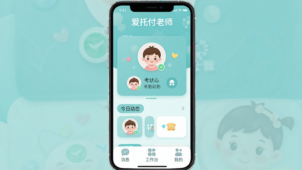 爱托付老师App主界面截图,手机屏幕展示班级列表和今日动态卡片,界面以柔和的蓝绿色调为主,顶部显示“爱托付老师”文字标识,中间是幼儿头像和考勤状态图标,底部为消息、工作台、我的三个选项卡,整体风格清新简洁,图标圆润,文字清晰可辨,画质干净无多余元素