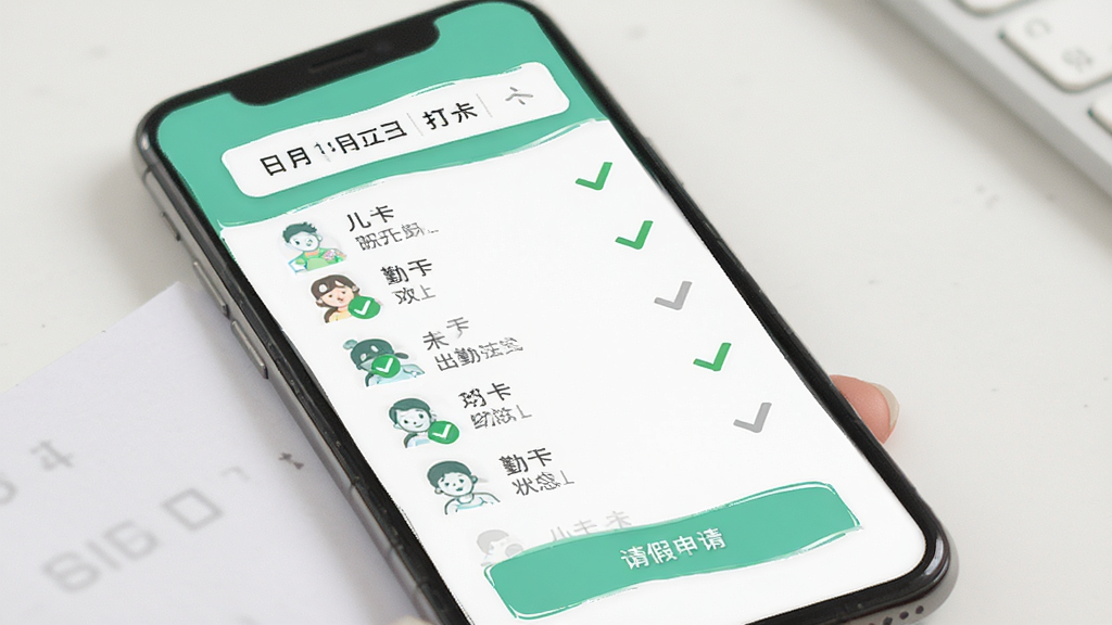 爱托付老师考勤打卡界面,手机屏幕展示班级幼儿名单和打卡状态,绿色对勾表示已出勤,灰色表示未打卡,顶部有日期选择栏,底部有请假申请按钮,界面布局整洁,配色清新,文字标签明确,风格简约现代,画质干净无多余元素