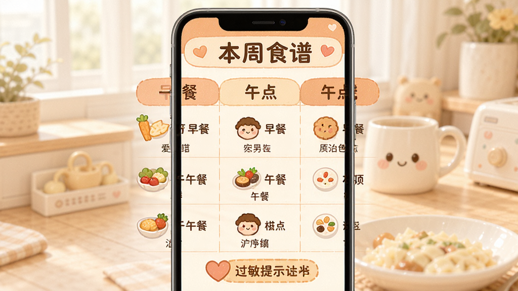 爱托付老师食谱查看页面,手机屏幕展示一周食谱表格,包含早餐、午餐、午点栏目,每餐配有食物图标和文字说明,界面以暖色调为主,顶部有“本周食谱”标题,底部有过敏提示标签,风格温馨可爱,排版整齐,画质干净