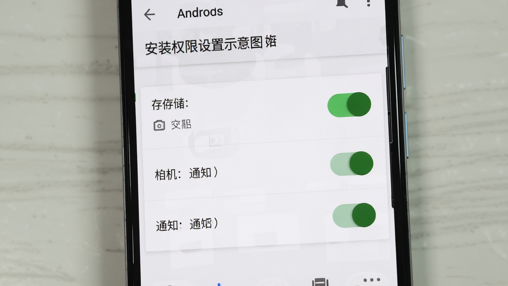 爱托付老师安装权限设置示意图,手机屏幕展示安卓系统的应用权限管理页面,包含存储、相机、通知三个权限开关,开关处于开启状态,界面以白色和浅灰色为主,文字标注清晰,风格简洁直观,画质干净无多余元素