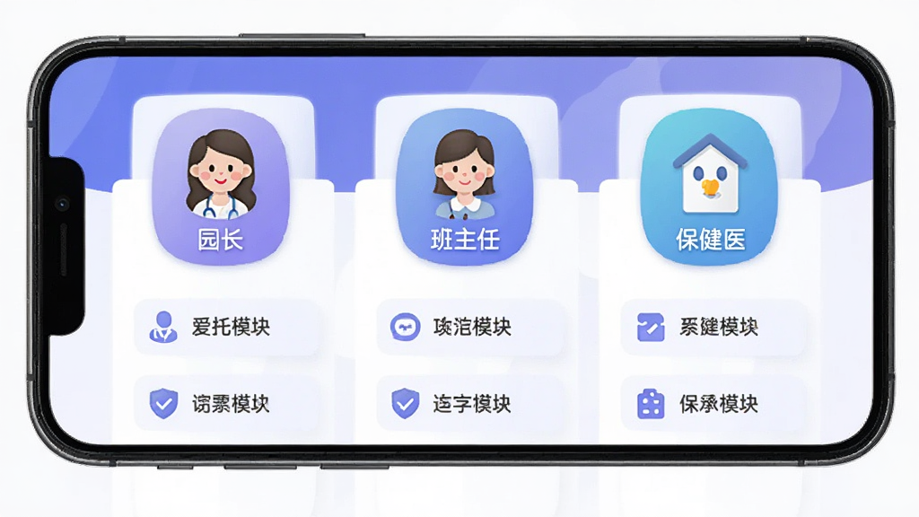 爱托付老师角色权限管理界面,手机屏幕展示园长、班主任、保健医三种角色图标,每种角色下方列出可访问的功能模块,界面以蓝紫色调为主,图标设计简洁,文字说明清晰,风格商务但不失亲和力,画质干净