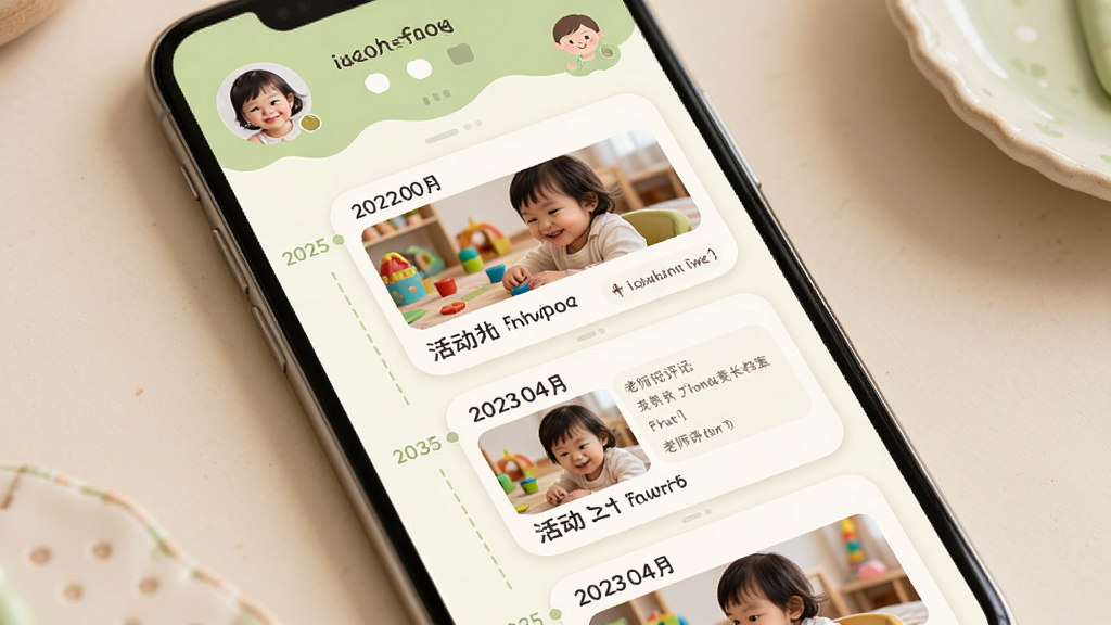 爱托付老师成长档案时间线页面,手机屏幕显示幼儿成长记录卡片,包含日期、活动照片和老师评语,卡片按时间顺序垂直排列,界面以米白色和浅绿色为主,顶部有幼儿姓名和头像,风格温暖亲切,排版清晰,画质干净