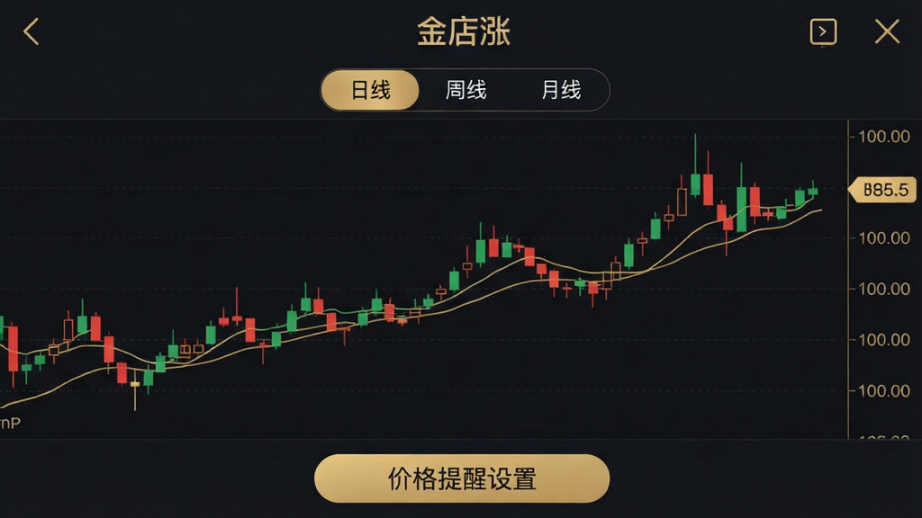 һ���ֻ�Ӧ�ý�ͼ��չʾ������ǡ�App�Ľ������ͼҳ�棬�������к�������K��ͼ�������С����ߡ������ߡ������ߡ��л���ǩ���ײ��м۸��������ð�ť�����岼��רҵ��������ɫ����ɫ���������ɫ����Ϊ���������ȣ����������޶���Ԫ��
