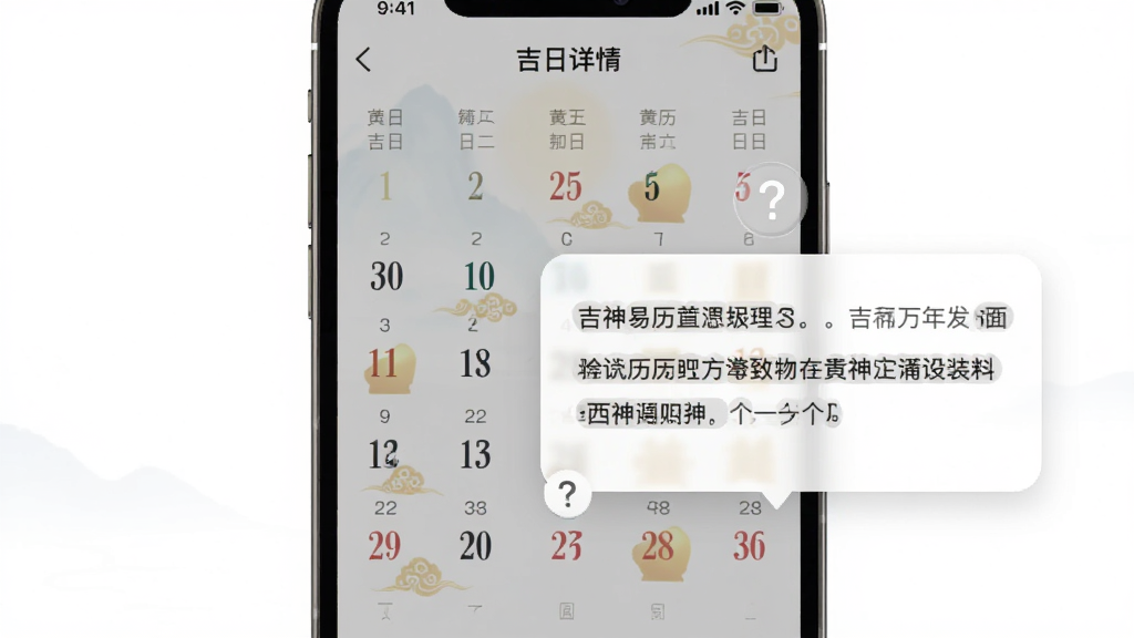 吉日万年历黄历术语解读界面,手机屏幕显示黄历详情页,用户点击术语旁边的问号图标后弹出解释窗口,窗口内用通俗易懂的文字说明吉神含义,背景为日历主界面半透明遮罩,整体风格现代与传统文化结合,文字清晰易读,布局简洁,画质干净无多余元素