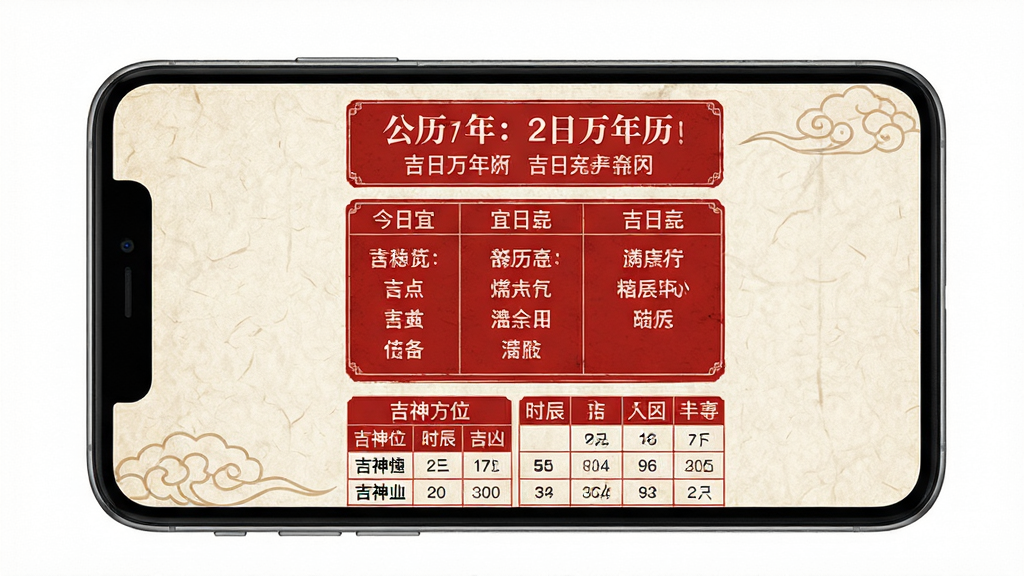 吉日万年历App主界面展示,手机屏幕中央显示红色传统日历风格界面,顶部显示公历日期和农历日期,中间区域清晰排列今日宜忌事项,下方有吉神方位和时辰吉凶表格,背景为浅米色宣纸质感,整体布局简洁大方,文字清晰可读,风格传统典雅,画质干净无多余元素,适合应用市场展示
