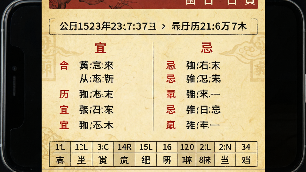 吉日万年历每日宜忌详情页,手机屏幕显示传统黄历风格界面,顶部有公历和农历日期对照,中间分两列分别用红色和黑色字体展示“宜”与“忌”事项列表,下方有十二时辰吉凶表格,背景为淡黄色仿古纸张纹理,文字排版工整清晰,风格传统简洁,画质干净无多余元素