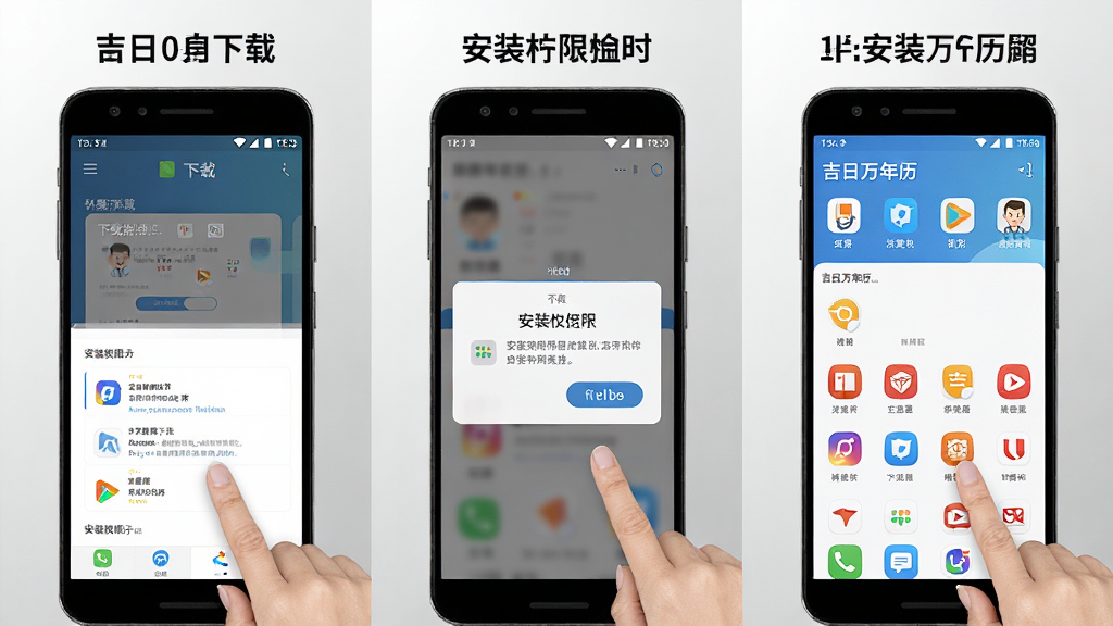 吉日万年历安卓手机安装步骤图解,画面分三个部分展示下载页面、安装权限提示界面、App主界面,手机模型展示操作流程,背景为浅灰色渐变,图标和文字清晰标注,风格简洁现代,画质干净无多余元素