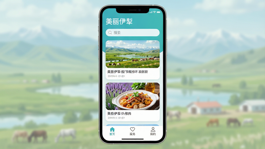 ��������App������ȫòչʾ���ֻ���Ļ���з��ã���Ļ����ʾ��������ɫ���Ľ��沼�֣������ǡ��������硱���ֱ�ʶ���������м��ǿ�Ƭʽ�ٲ�����Ѷ��������ԭ��޹�²ݡ���ʳͼƬ���ײ�Ϊ��ҳ�������ҵ���������ͼ�꣬����Ϊ���ŵ�����羰�黯ͼ���������ִ���Լ��ƽ����ϸ��Բ�󣬻��ʸɾ������޶���Ԫ��