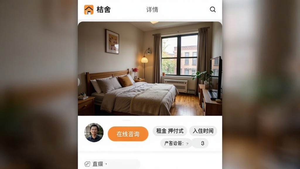 桔舍App的房源详情页界面,画面中央展示一套温馨的一居室实拍照片,照片下方是房东头像和在线咨询按钮,旁边有租金、押付方式、入住时间等关键信息标签,界面设计简洁明了,突出房东直连的沟通氛围,风格写实自然,画质清晰干净