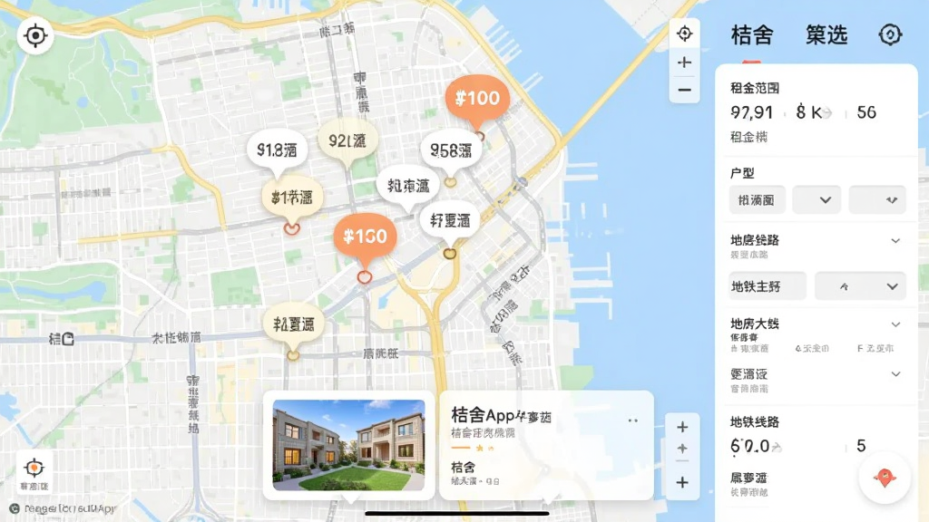 桔舍App的地图找房模式截图,画面以城市地图为背景,地图上散布着多个房源价格气泡标签,右侧有筛选条件栏包含租金范围、户型、地铁线路等选项,底部弹出简短的房源卡片预览,整体风格清晰直观,色彩柔和,画质干净无杂乱信息