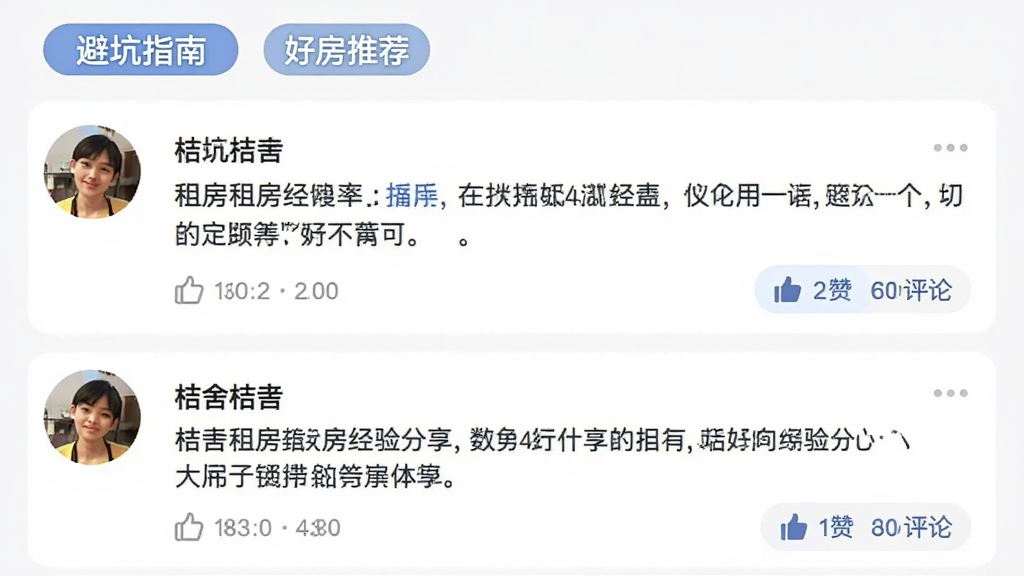 桔舍App的社区交流板块界面,画面展示用户发布的租房经验分享帖子列表,每条帖子有用户头像、文字内容和点赞评论按钮,顶部有话题标签如“避坑指南”“好房推荐”,整体风格类似社交动态流,氛围轻松友好,画质干净整洁