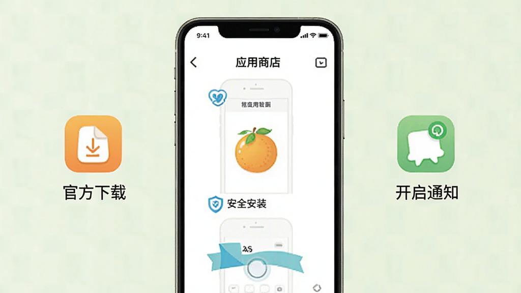 桔舍App安装使用流程图解,画面以手机屏幕形式展示从应用商店搜索到安装完成的步骤,旁边配有简单的文字标注如“官方下载”“安全安装”“开启通知”,整体风格简洁实用,画质清晰干净