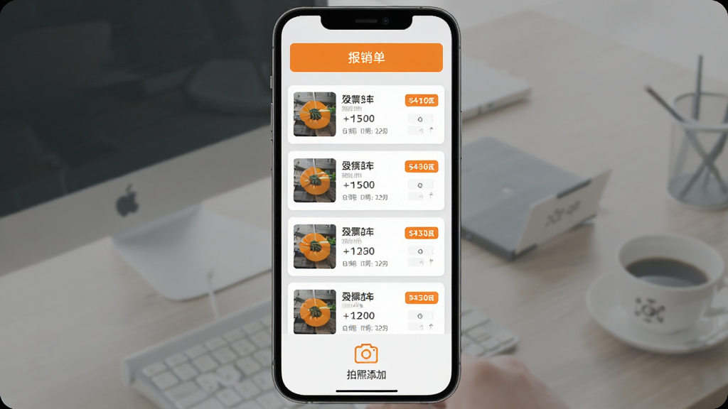 出差大橙 发票管理界面,手机屏幕显示发票列表,每张发票有缩略图和金额、日期标签,顶部有“报销单”按钮,底部有“拍照添加”图标,背景为浅灰色,风格现代扁平,画质干净,无多余元素