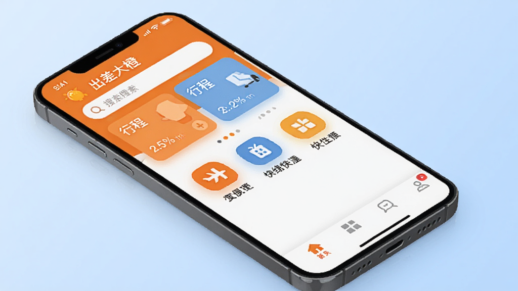出差大橙 手机应用主界面展示,画面中央是一部现代智能手机,屏幕上显示“出差大橙”App的首页,顶部有搜索栏和行程卡片,中部为快捷功能图标,底部为导航栏,背景为浅蓝色渐变,风格简洁明快,扁平化设计,细节清晰,画质干净,无多余元素