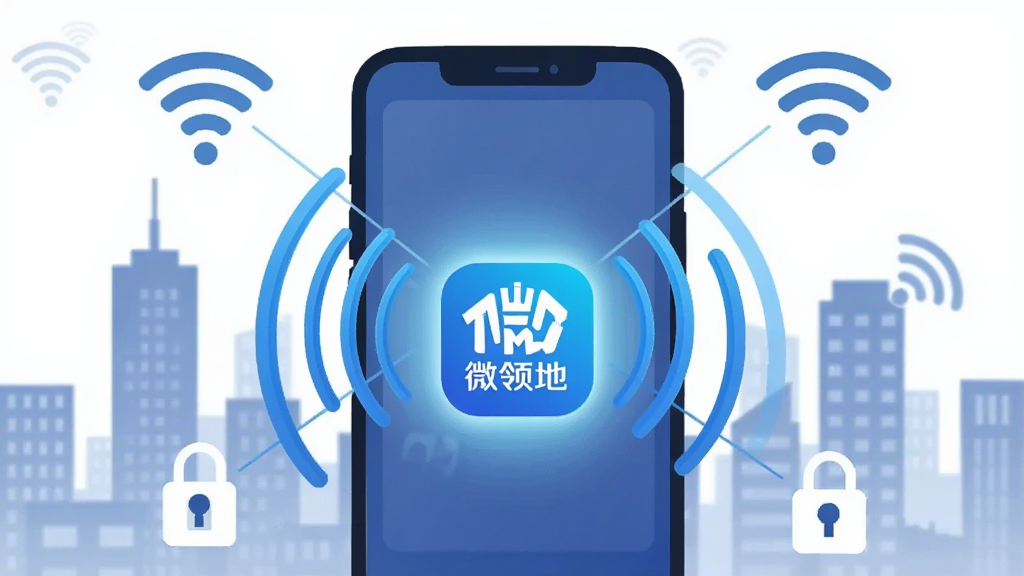 һ�ű�ƽ���廭���ͼƬ������չʾһ���ֻ���Ļ����Ļ�ڡ�΢��ء�Ӧ��ͼ�귢�⣬���ⷢ���������ɫ���źŲ��ƣ����ӵ���ΧƯ����WiFi�ź�ͼ�������ͼ�꣬�����ǳ��и�¥��Ӱ�������Ƽ��У����ʸɾ��޶���Ԫ��