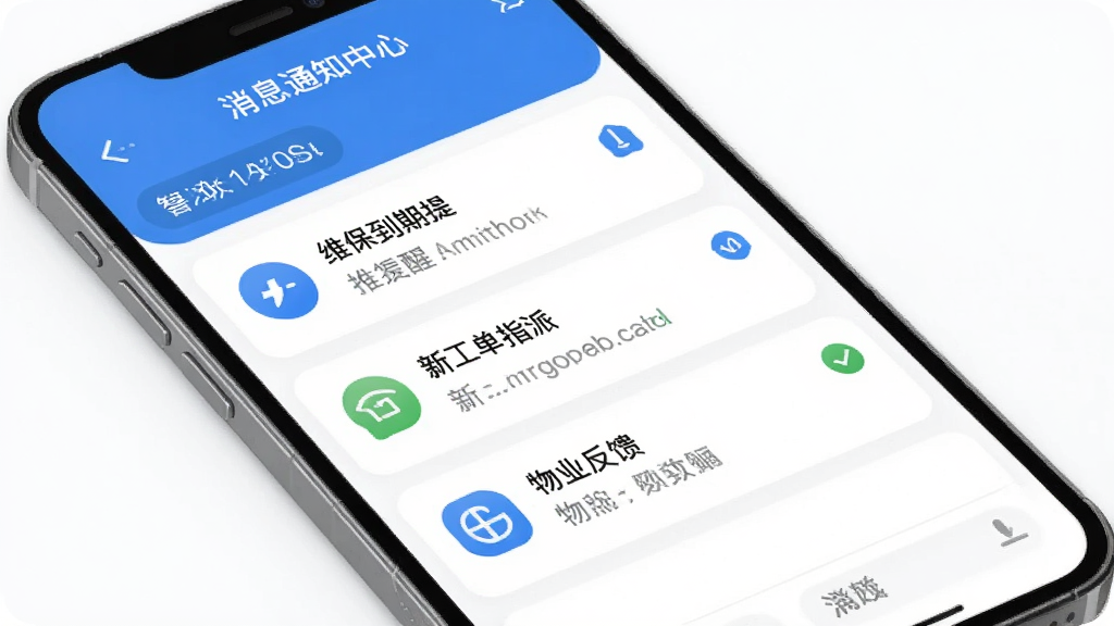 �ǻ۵��ݼ�App��Ϣ֪ͨ���Ľ��棬�ֻ���Ļ��ʾ���������б�����Ϣ֪ͨ������ά���������ѡ��¹���ָ�ɡ���ҵ��������Ŀ��ÿ���ж�Ӧͼ���δ����ǣ������԰�ɫ����ɫΪ��ɫ���������ˬ��ϸ�����������ʸɾ����޶���Ԫ��
